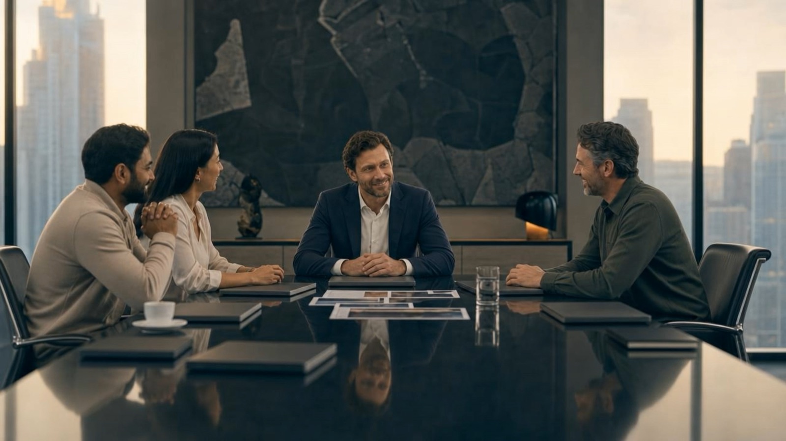 Leaders reviewing a case together in a boardroom, city skyline behind